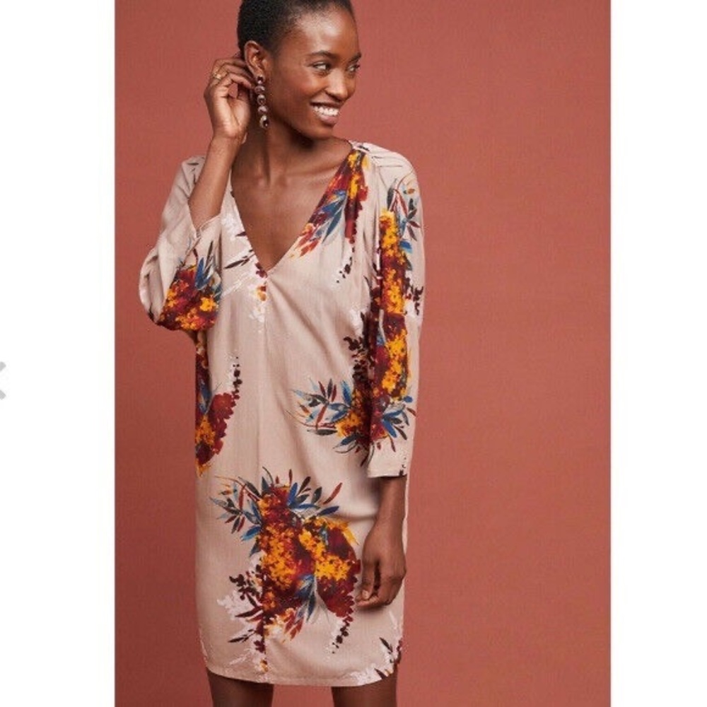 Anthropologie The Odelles Harvest Floral Dolman Sleeve Tunic V-neck Dress